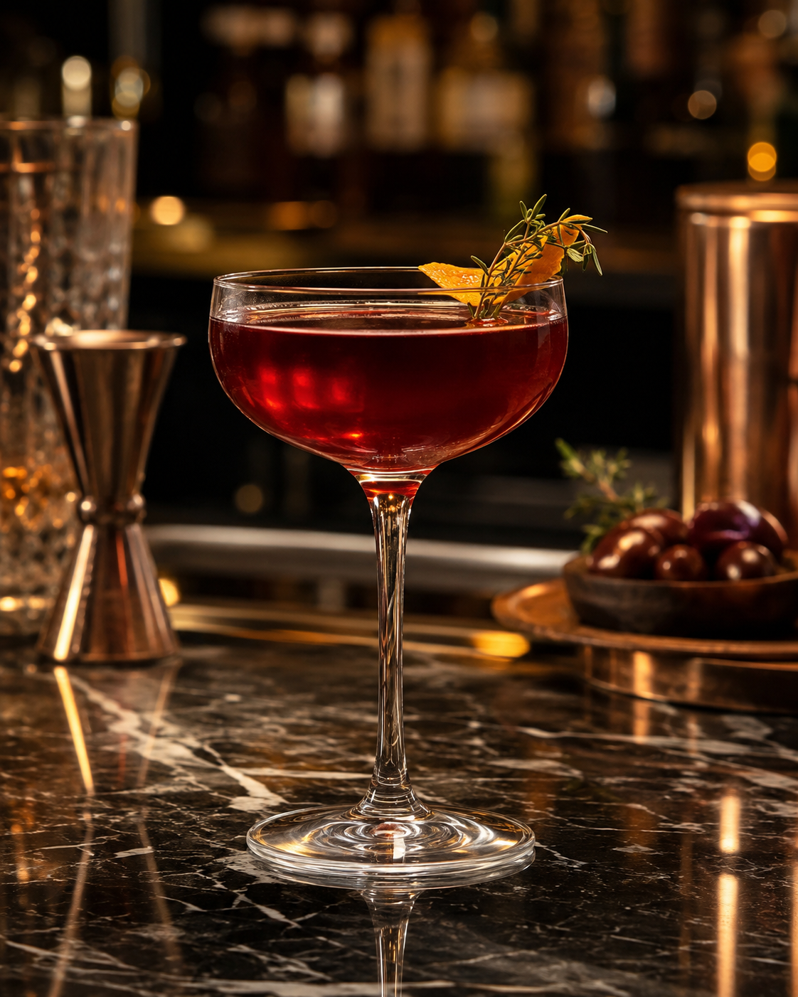 The Mediterranean Sipper cocktail in a coupe glass with deep ruby color, orange peel, herb garnish, and warm golden bar lighting on a dark marble counter.