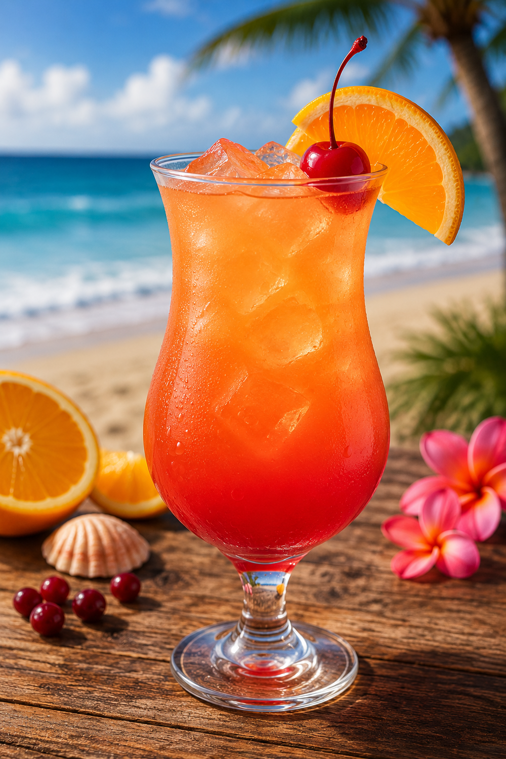 Sex on the Beach cocktail with vodka, peach liqueur, orange juice, cranberry juice, ice, orange slice, and cherry on a tropical beach background.