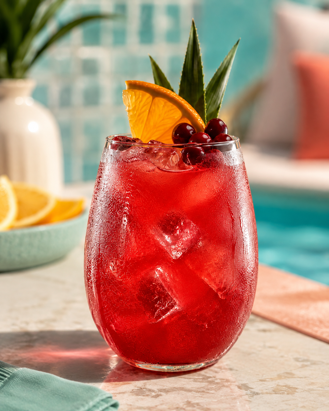 Teranino Breeze cocktail with ruby red color, ice cubes, orange slice, cranberries, and pineapple leaves, served by a bright turquoise pool with tropical summer styling.
