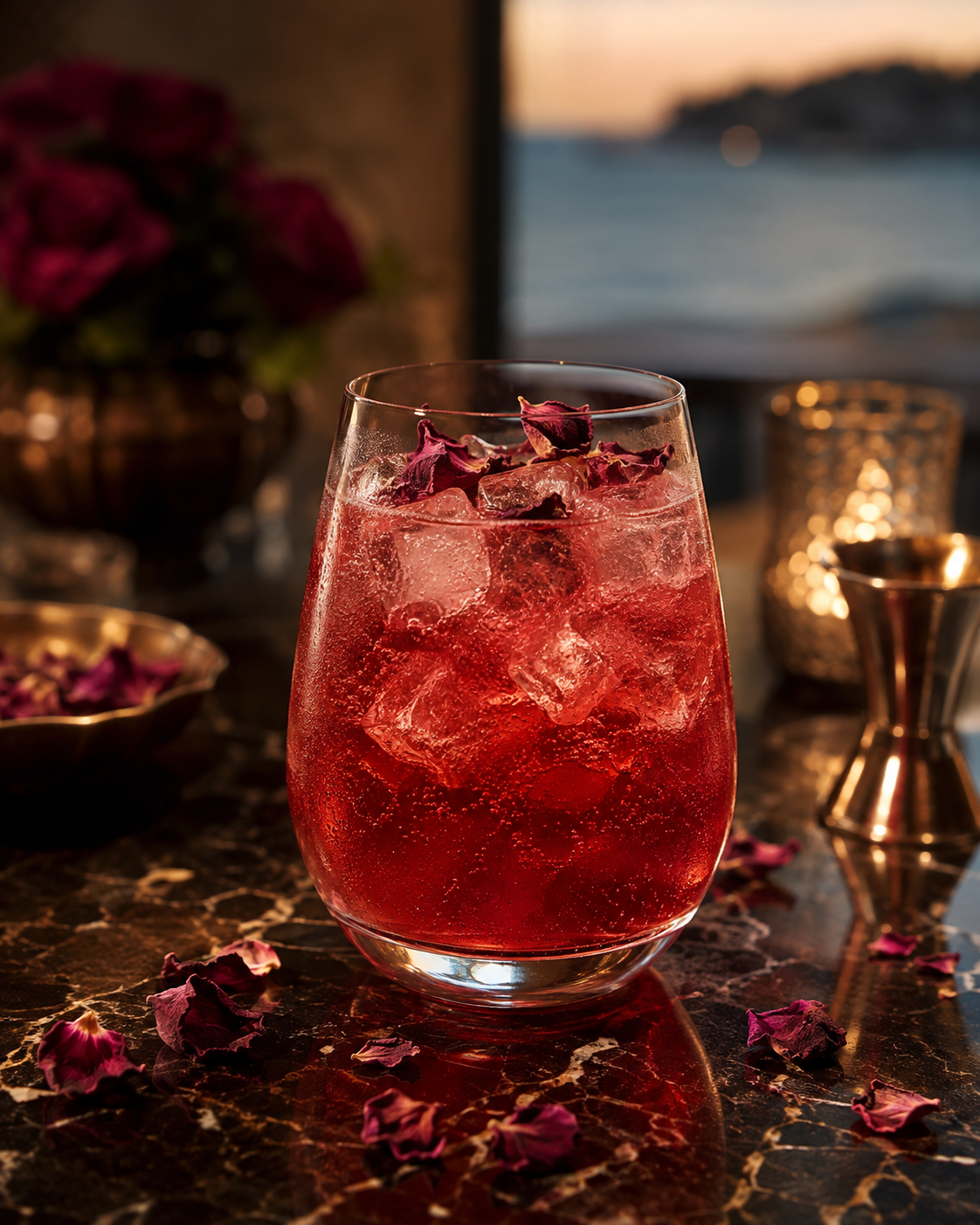 Teranino-Rose cocktail in a glass with ice cubes, ruby red liqueur, sparkling rose lemonade, dried rose petals, and warm sunset bar lighting.