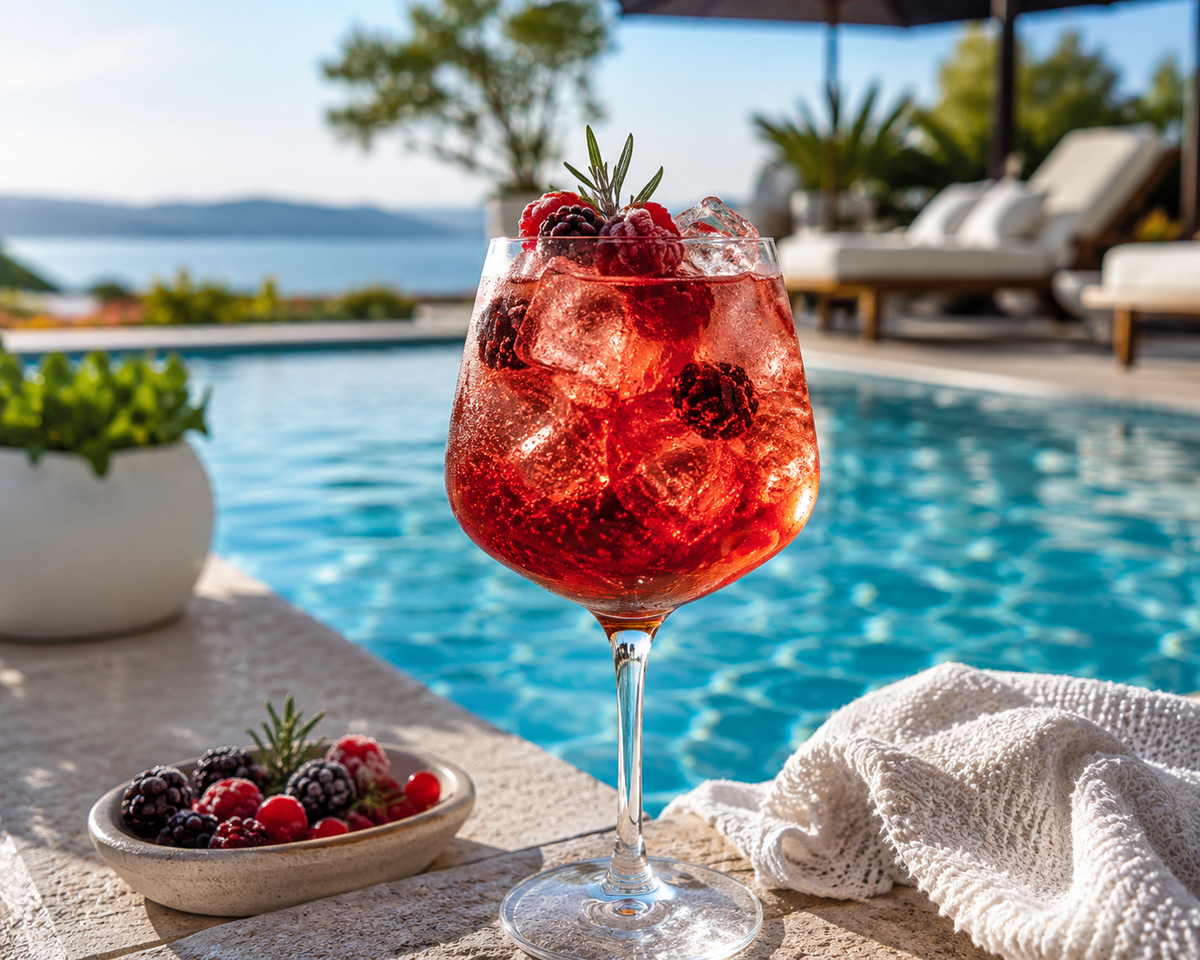 Teranino Spritz cocktail in a wine glass with ice, frozen berries, ruby red sparkling color, and elegant sunny poolside summer background.