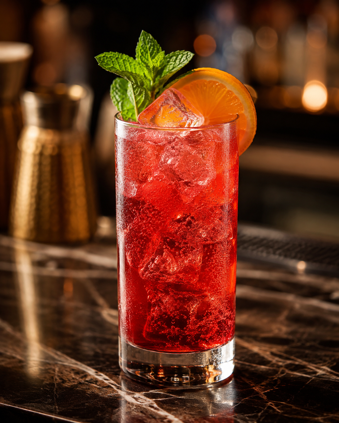Teranino Twist cocktail in a tall glass with ice, ruby red color, fresh mint garnish, and an orange slice, served on a dark marble bar with warm ambient lighting.