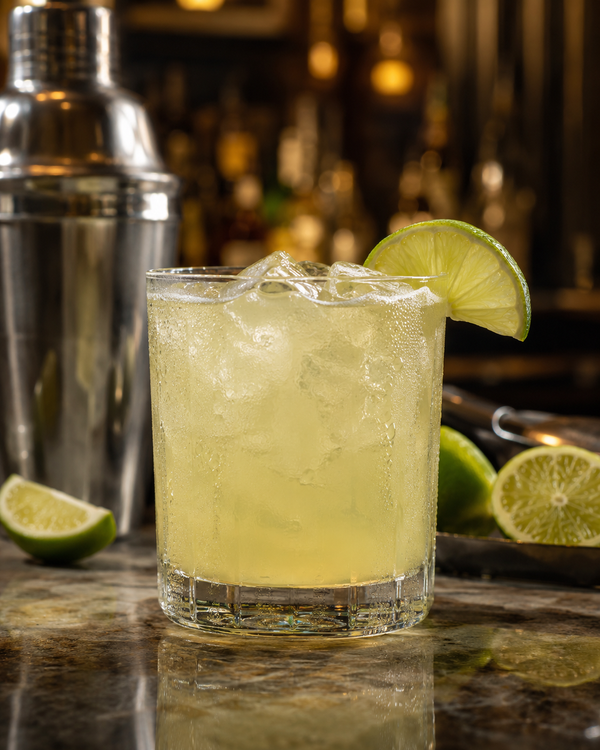 Tommy’s Margarita cocktail in a rocks glass with ice and lime garnish, served on a marble bar with fresh limes and warm golden bar lighting.