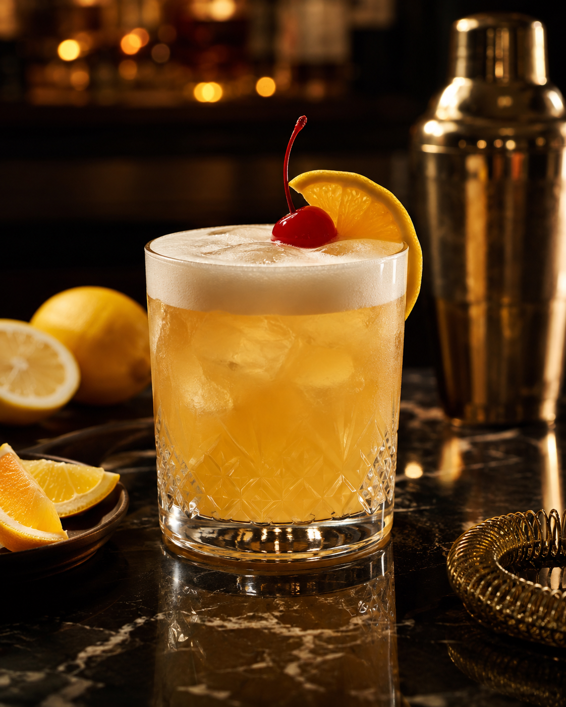 Whiskey Sour cocktail in a rocks glass with silky foam, lemon slice, maraschino cherry, ice cubes, and warm golden bar lighting.
