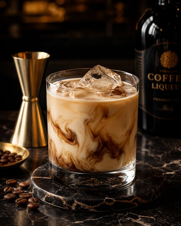 Creamy coffee liqueur cocktail on ice with swirling cream, coffee beans, gold bar jigger and premium coffee liqueur bottle in a dark elegant bar setting.