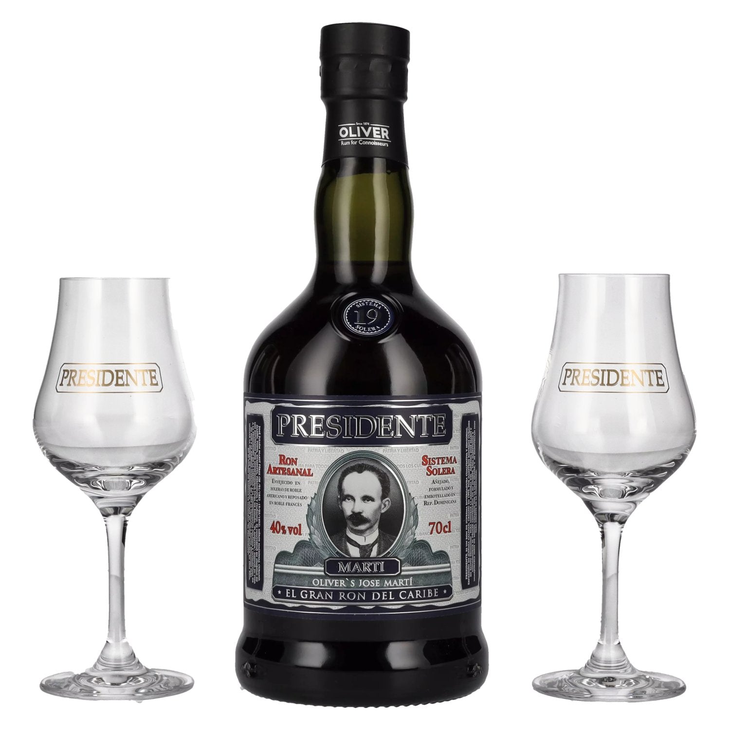 Presidente Marti 19 Sistema Solera 40% Vol. 0,7l in Giftbox with 2 glasses