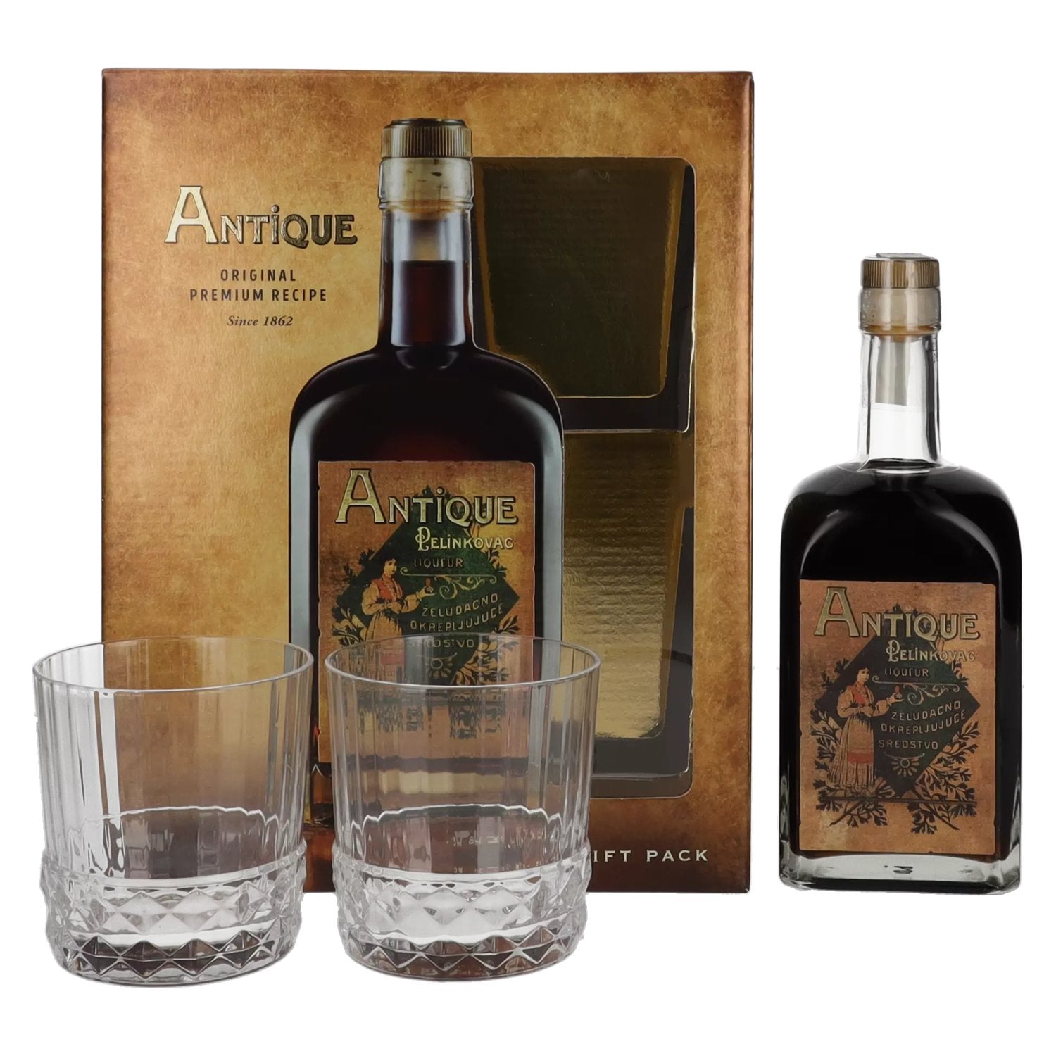 Badel Antique Pelinkovac Liqueur 35% Vol. 0,7l in Giftbox with 2 glasses