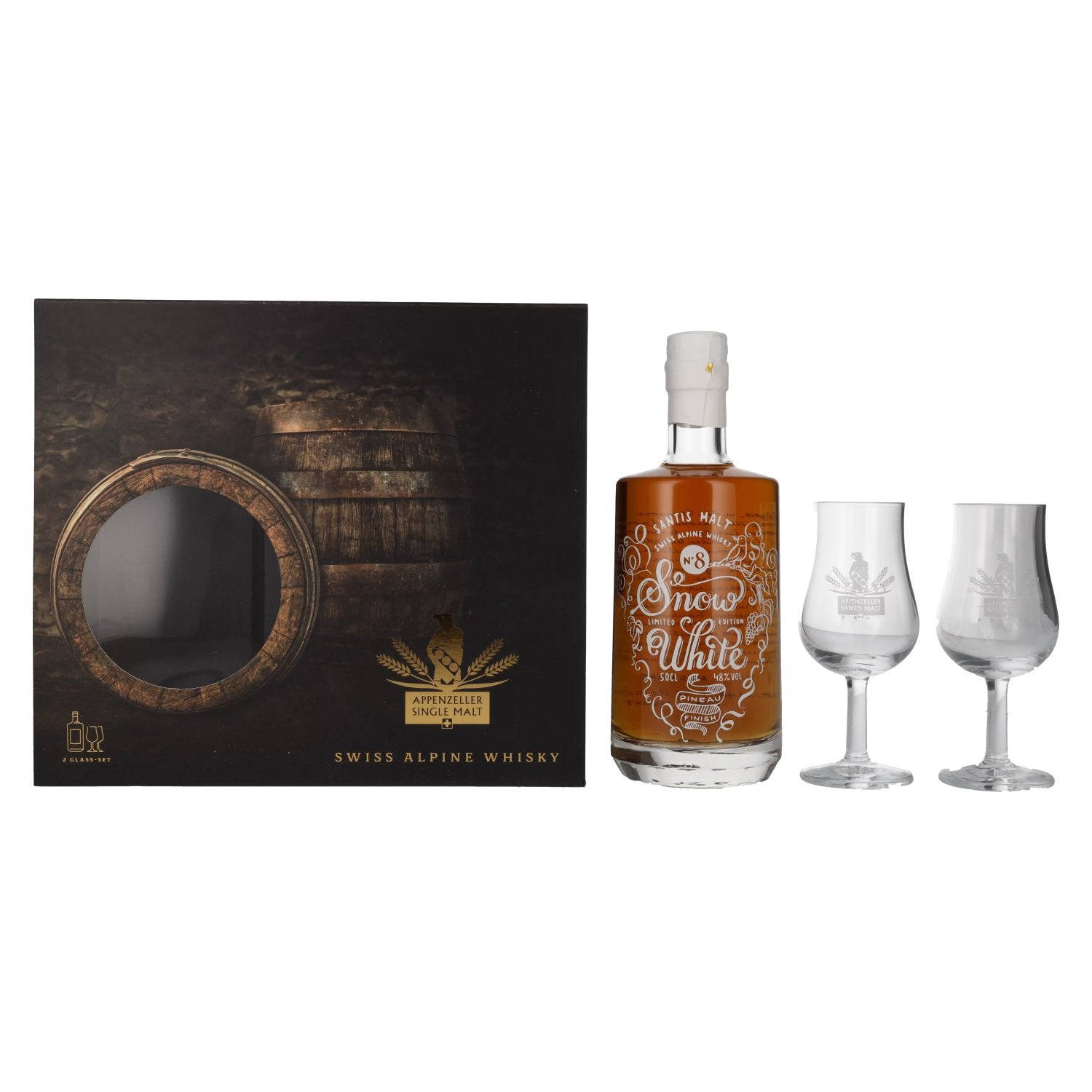 Saentis Malt SNOW WHITE Single Malt PINEAU FINISH â 8 48% Vol. 0,5l in Giftbox with 2 glasses