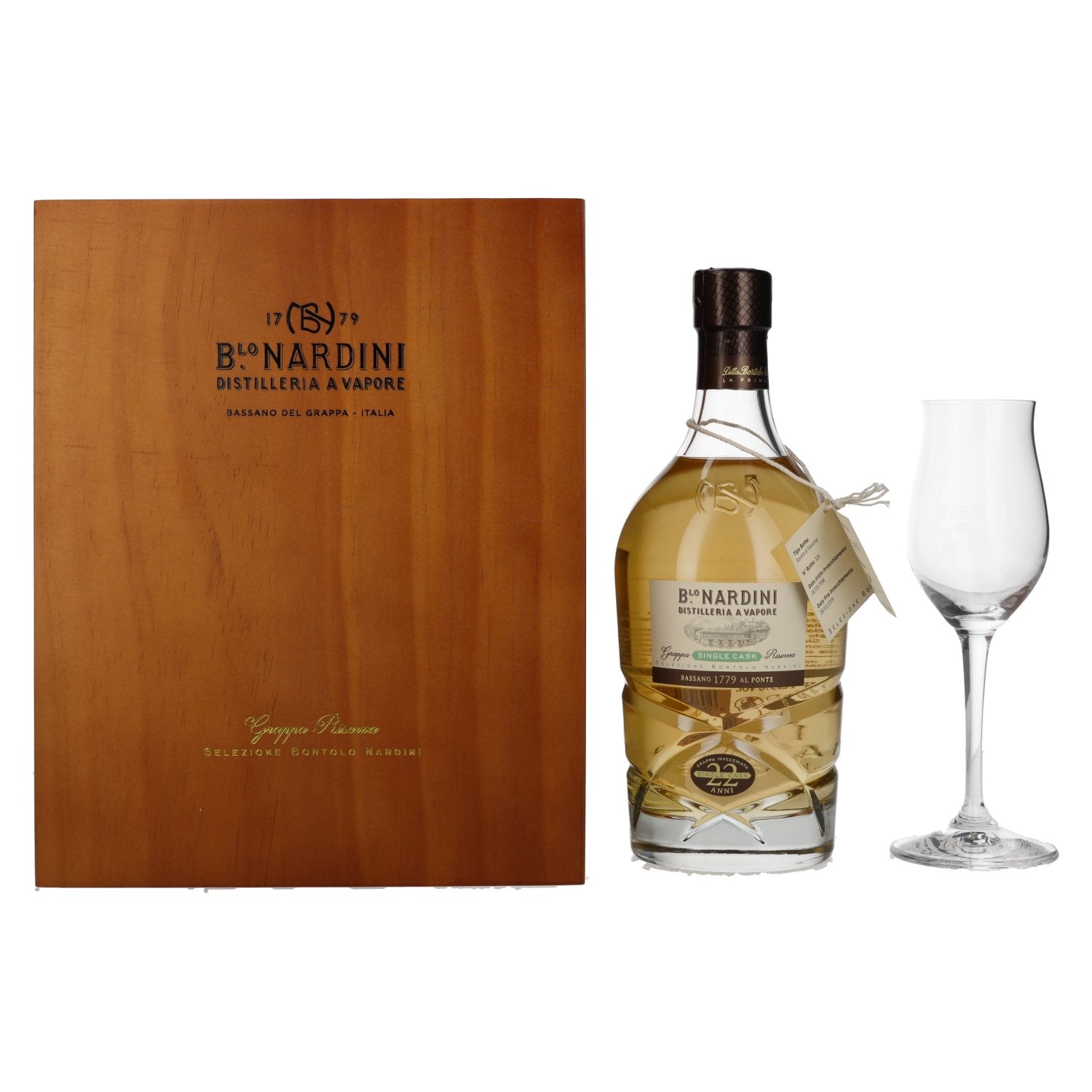 Nardini Grappa Riserva 22 ANNI Single Cask 45% Vol. 0,7l in Holzkiste with glass