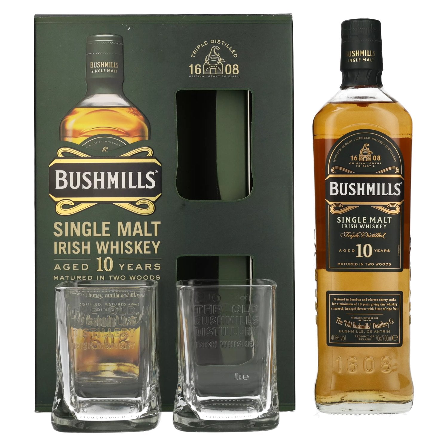 Bushmills 10 Years Old Single Malt Irish Whiskey 40% Vol. 0,7l in Giftbox with 2 glasses