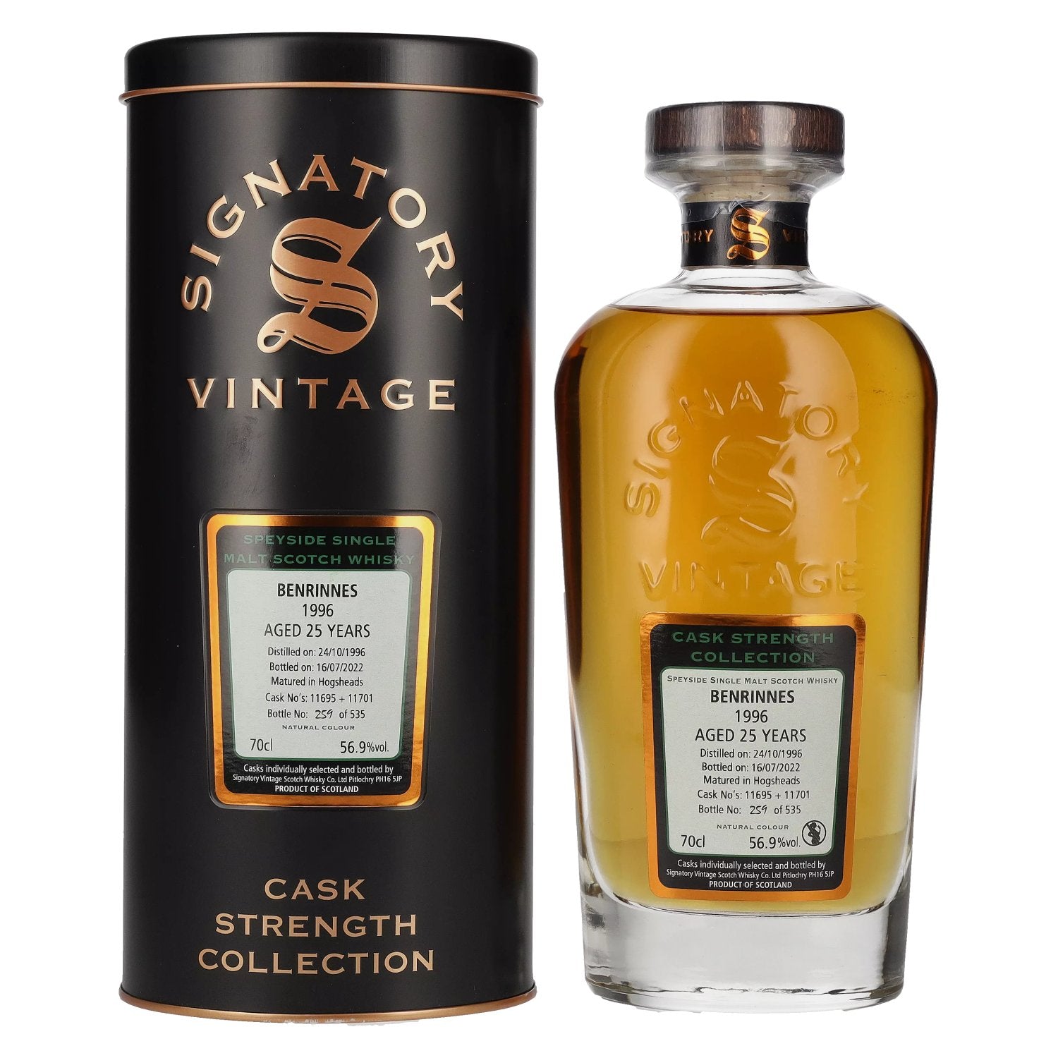 Signatory Vintage BENRINNES 25 Years Old Cask Strength 1996 56,9% Vol. 0,7l in Tinbox