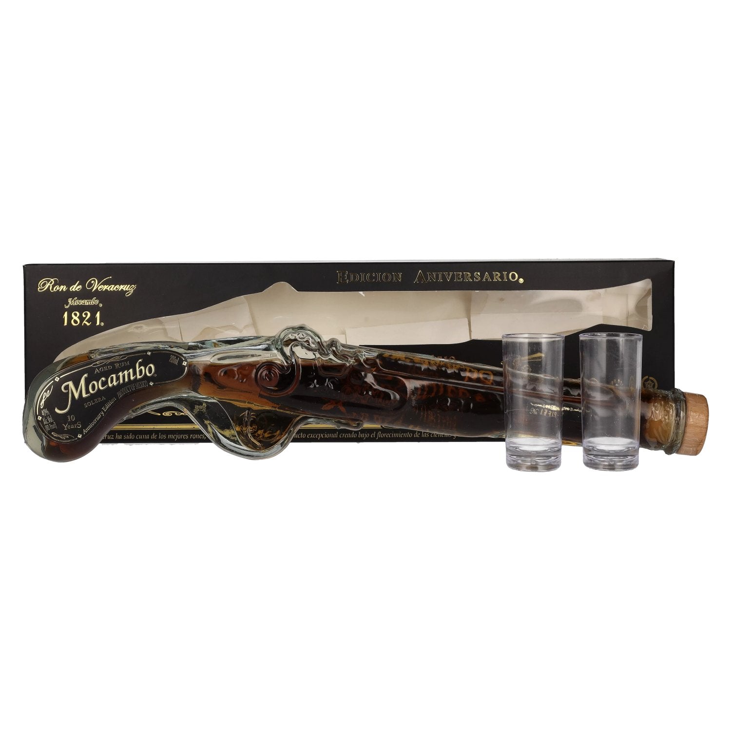 Mocambo Ron Anejo 10 Years Solera Limitada Edicion Anniversario Buccanneer Pistol 40% Vol. 0,2l in Giftbox with 2 Shotglaesern