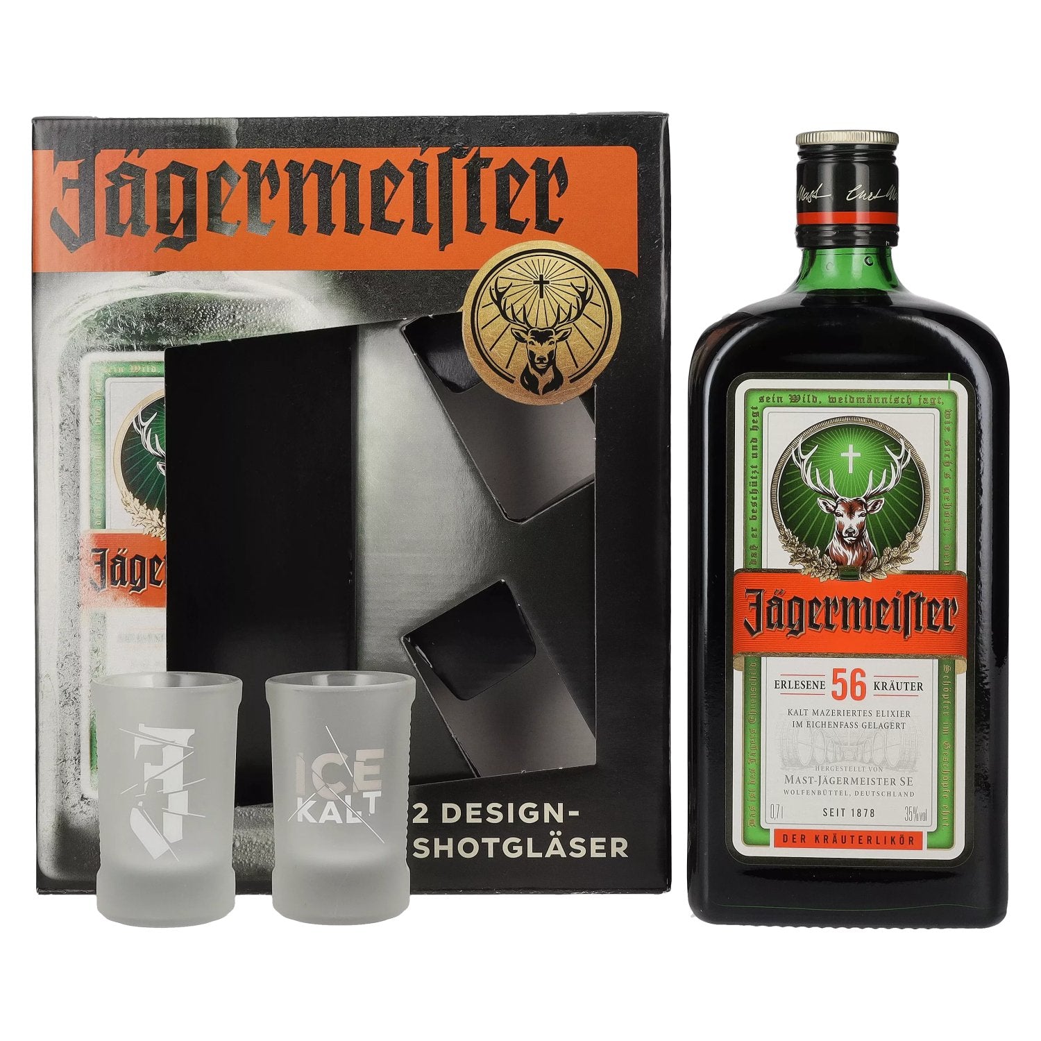 Jaegermeister 35% Vol. 0,7l in Giftbox with 2 Shotglaeser