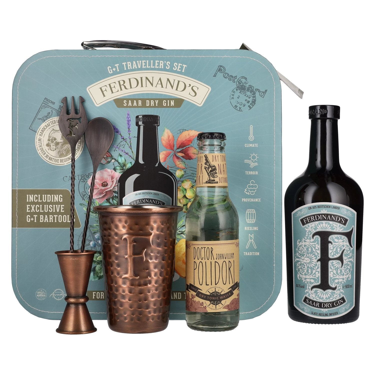 Ferdinand's Traveller Set 44% Vol. 0,5l in Giftbox with Tonic and Barzubehoer