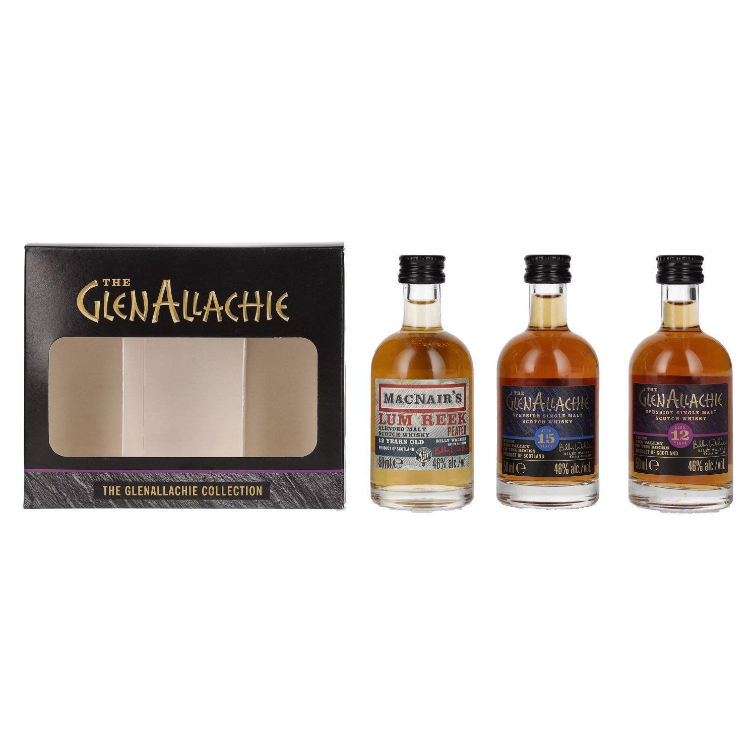 The GlenAllachie COLLECTION Set (12 YO + 15 YO + MacNair's 12 YO) 46% Vol. 3x0,05l