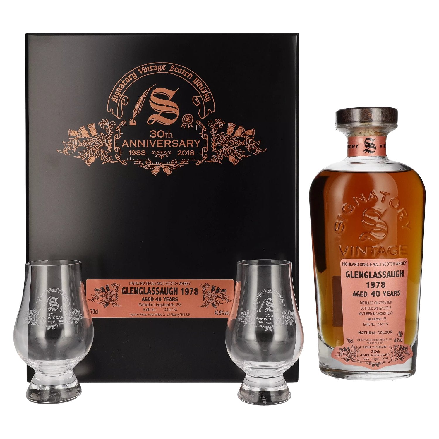 Signatory Vintage GLENGLASSAUGH 40 Years Old 30th ANNIVERSARY 1978 40,9% Vol. 0,7l in Holzkiste with 2 glasses