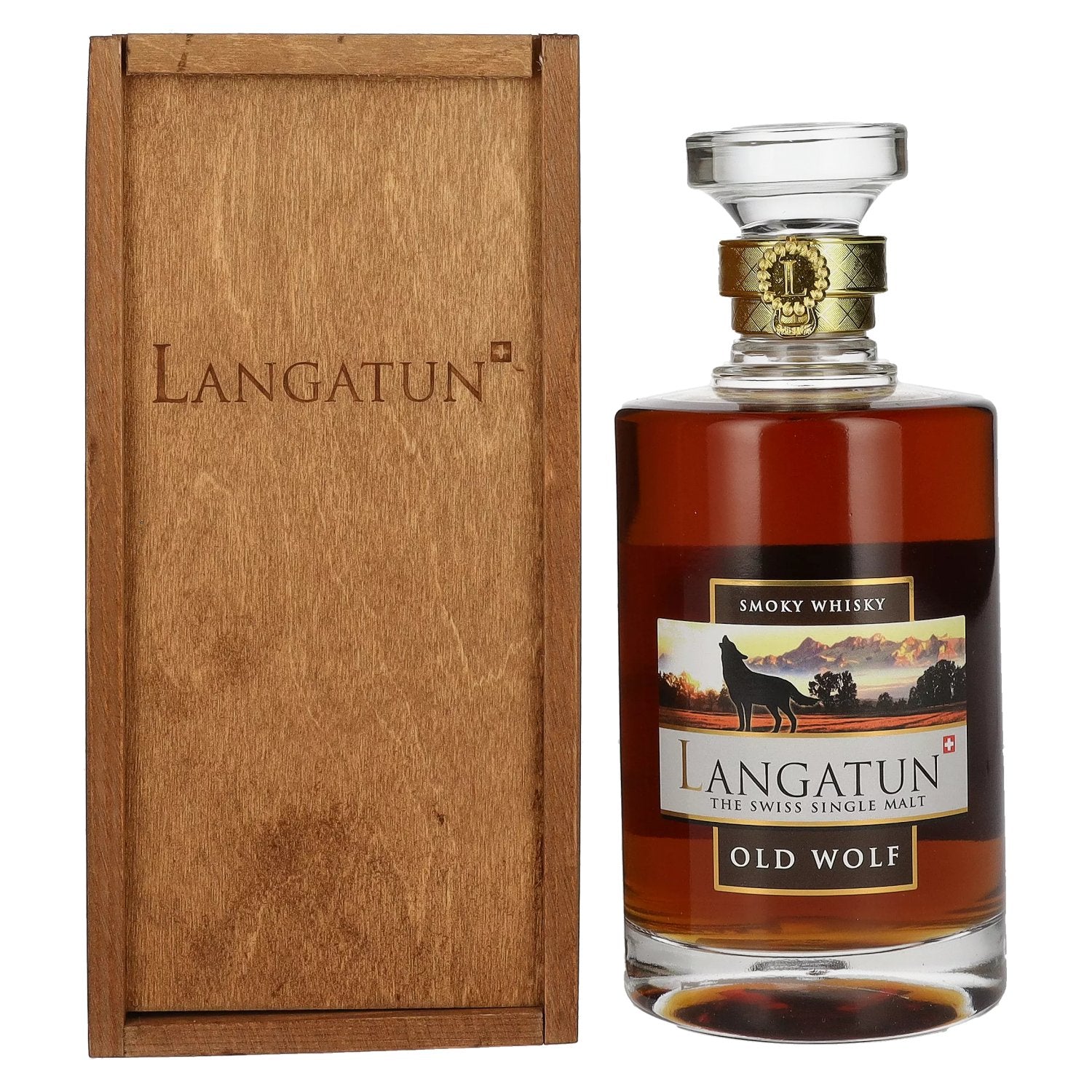 Langatun OLD WOLF Smoky Swiss Single Malt Whisky 46% Vol. 0,5l in Holzkiste