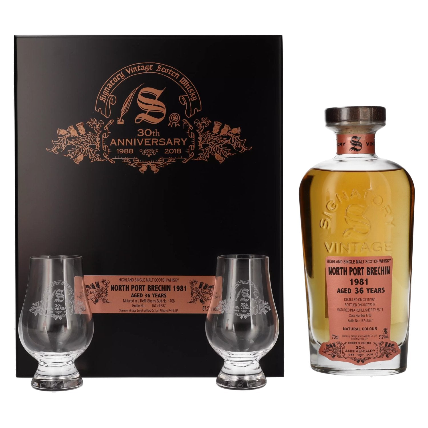 Signatory Vintage NORTH PORT BRECHIN 36 Years Old 30th ANNIVERSARY 1981 57,2% Vol. 0,7l in Holzkiste with 2 glasses