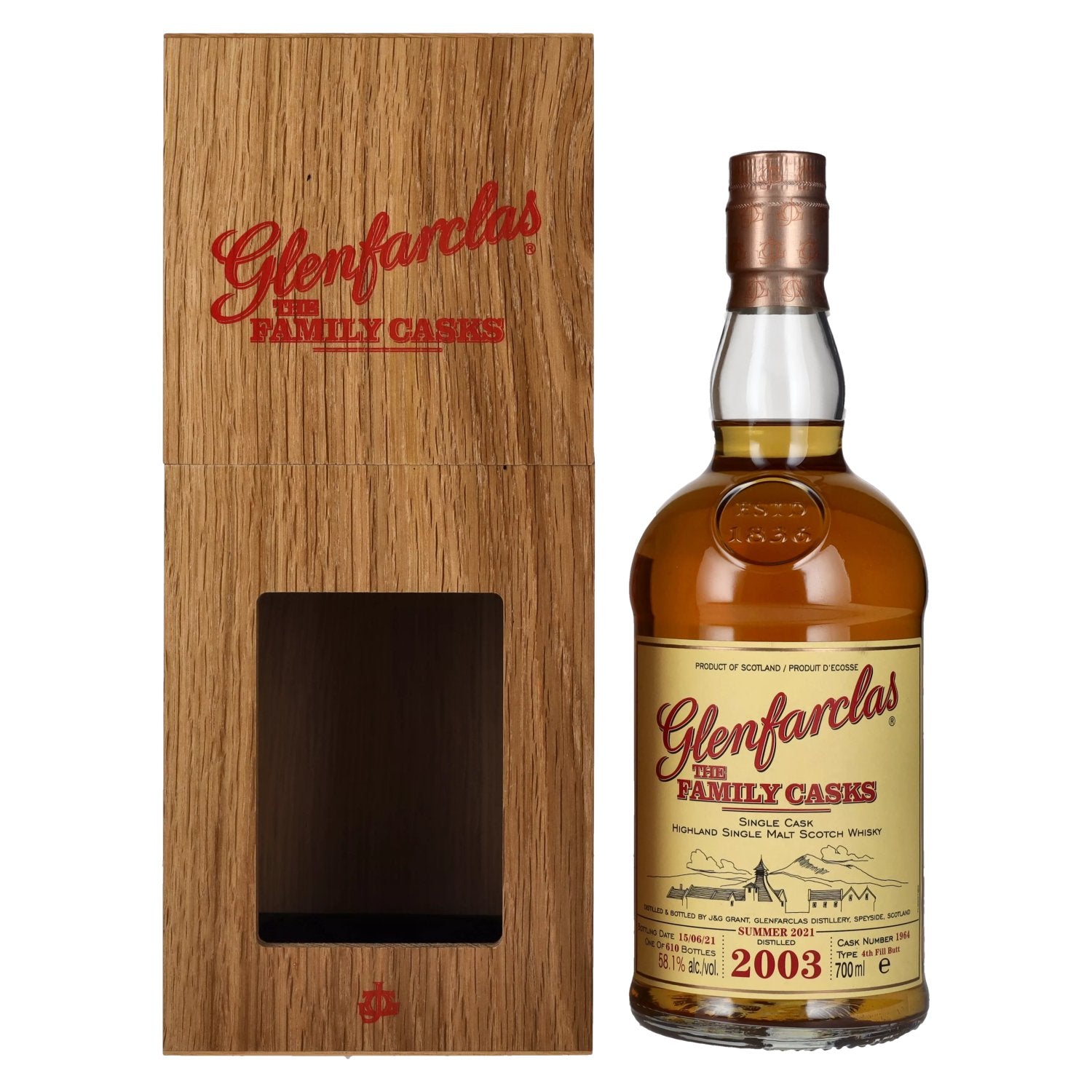 Glenfarclas THE FAMILY CASKS Single Cask SUMMER 2021 4th Fill Butt 2003 58,1% Vol. 0,7l in Holzkiste