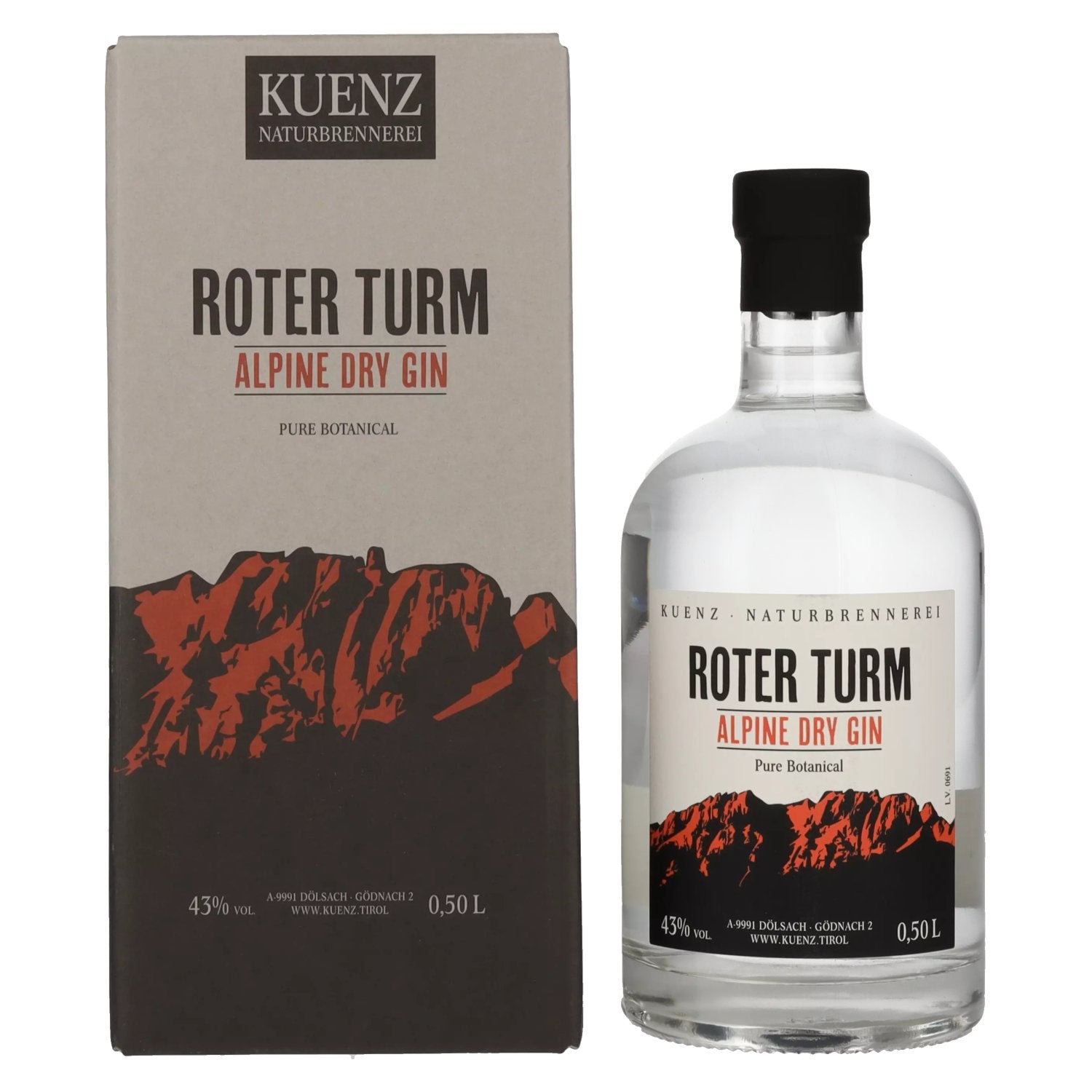 Roter Turm Alpine Dry Gin Pure Botanical GB 43% Vol. 0,5l in Giftbox