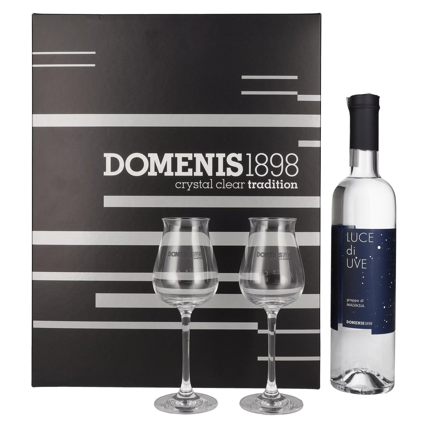 Domenis 1898 LUCE di UVE grappa di MALVASIA 38% Vol. 0,5l in Giftbox with 2 glasses