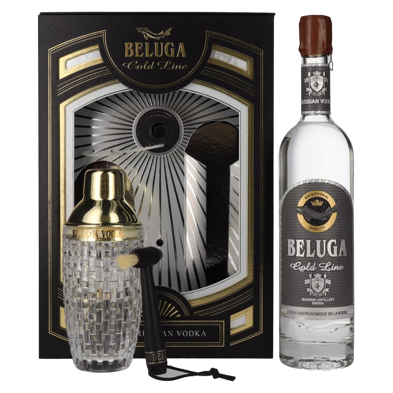 Beluga Gold Line Noble Russian Vodka 40% Vol. 0,7l in Giftbox with Pinsel and Shaker