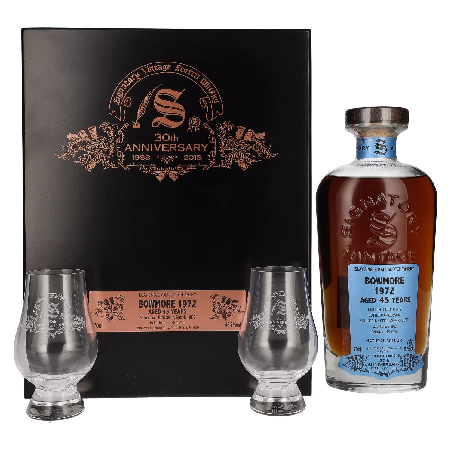 Signatory Vintage BOWMORE 45 Years Old 30th ANNIVERSARY 1972 46,7% Vol. 0,7l in Holzkiste with 2 glasses