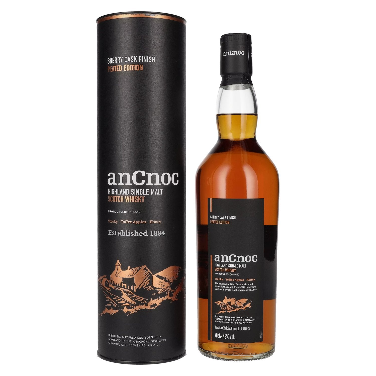 AnCnoc Highland Single Malt Scotch Whisky Sherry Cask Finish Peated Edition 43% Vol. 0,7l in Giftbox