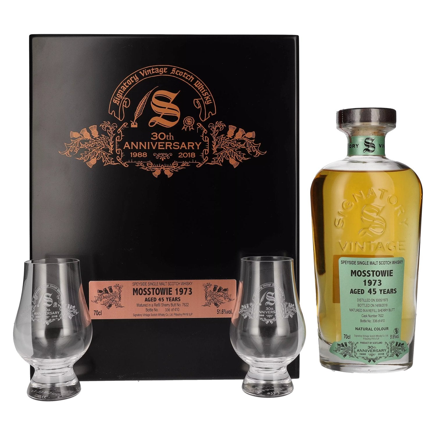 Signatory Vintage MOSSTOWIE 45 Years Old 30th ANNIVERSARY 1973 51,6% Vol. 0,7l in Holzkiste with 2 glasses