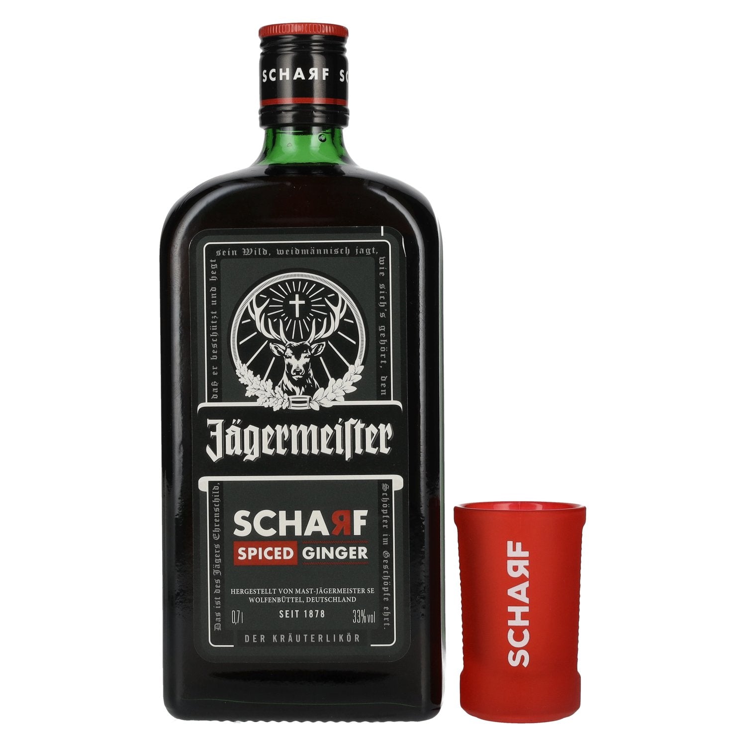 Jaegermeister SCHARF HOT Ginger Kraeuterlikoer 33% Vol. 0,7l with Shotglas