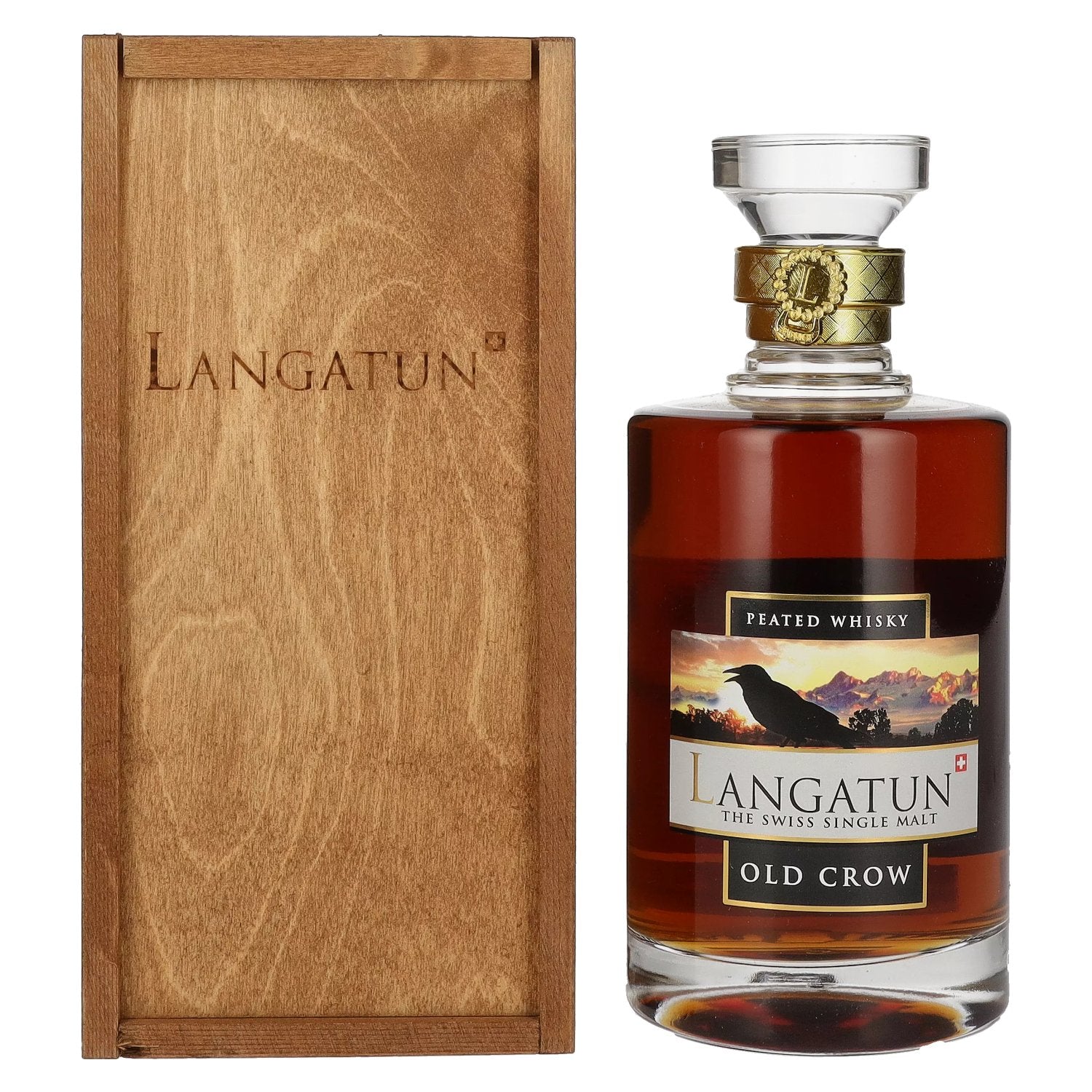 Langatun OLD CROW Peated Swiss Single Malt Whisky 46% Vol. 0,5l in Holzkiste