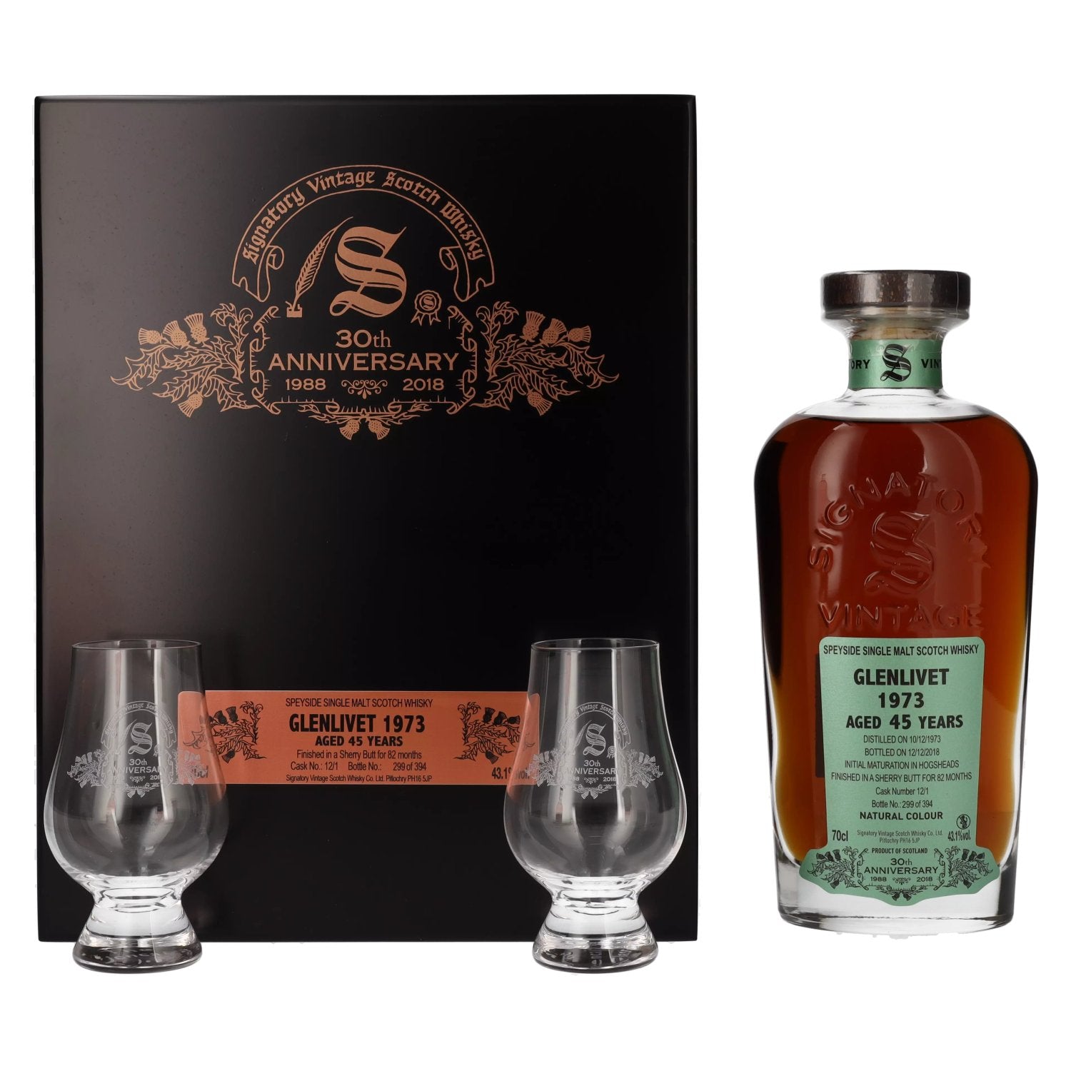 Signatory Vintage GLENLIVET 45 Years Old 30th ANNIVERSARY 1973 43,1% Vol. 0,7l in Holzkiste with 2 glasses