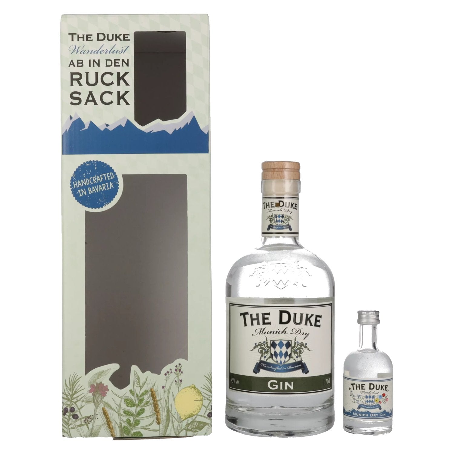 The Duke Munich Dry Gin Set 45,1% Vol. 0,7l in Giftbox with Wanderlust Gin Miniatur 0,05l