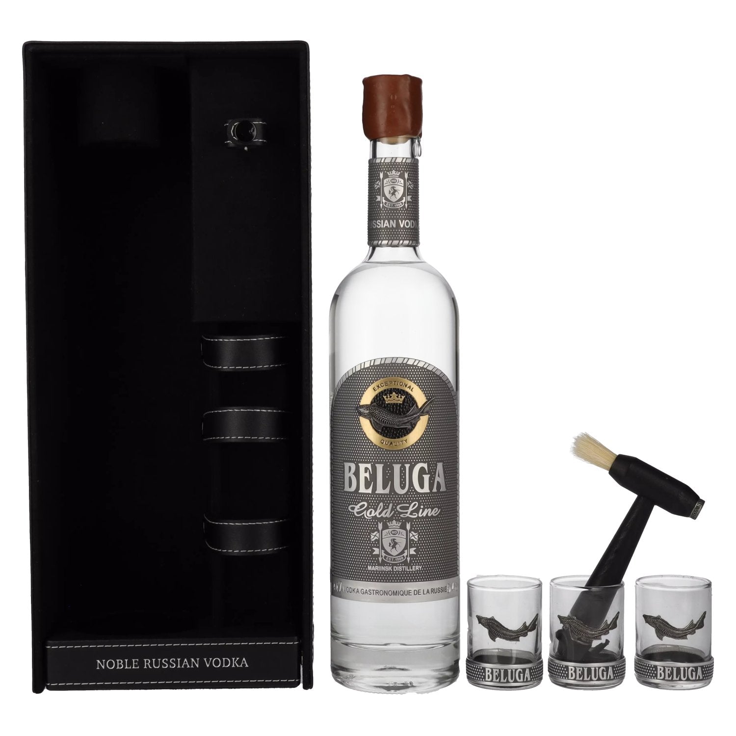 Beluga Gold Line Noble Russian Vodka 40% Vol. 0,7l in Giftbox in Lederoptik with 3 Shotglaesern