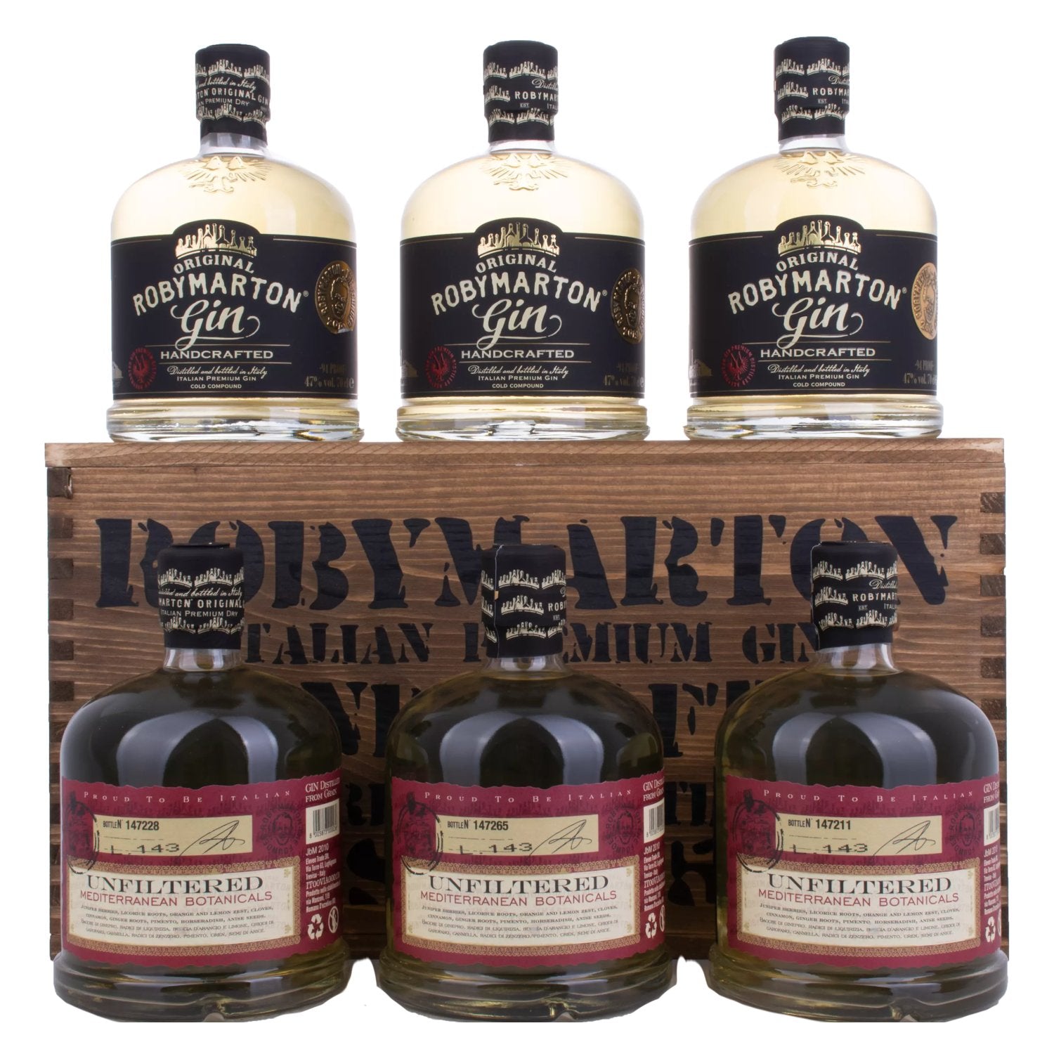 Roby Marton Gin Original Italian Premium Dry 47% Vol. 6x0,7l in Holzkiste