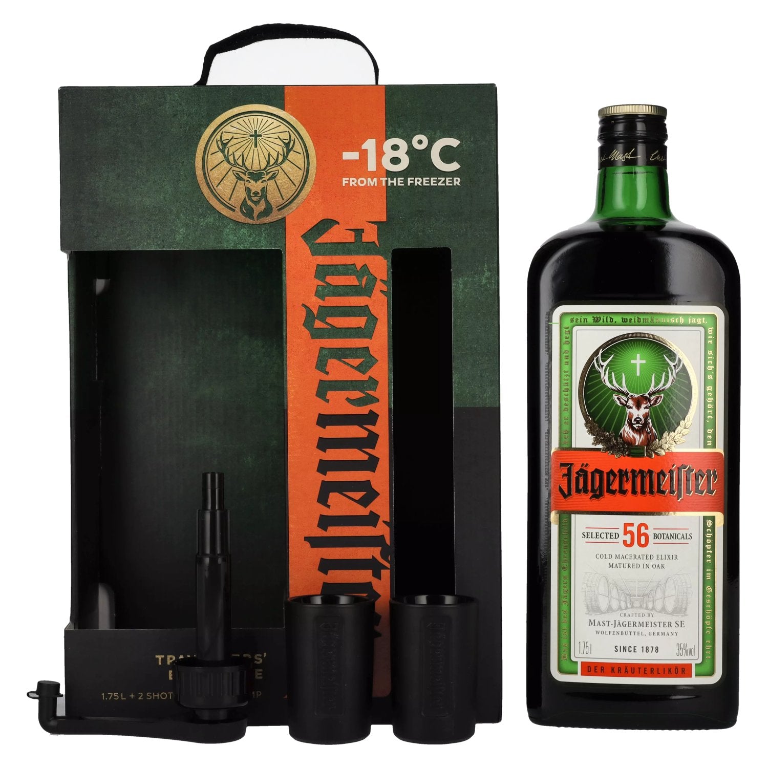 Jaegermeister TRAVELLERS' EXCLUSIVE 35% Vol. 1,75l in Giftbox with 2 Shotglaesern and Dosierpumpe